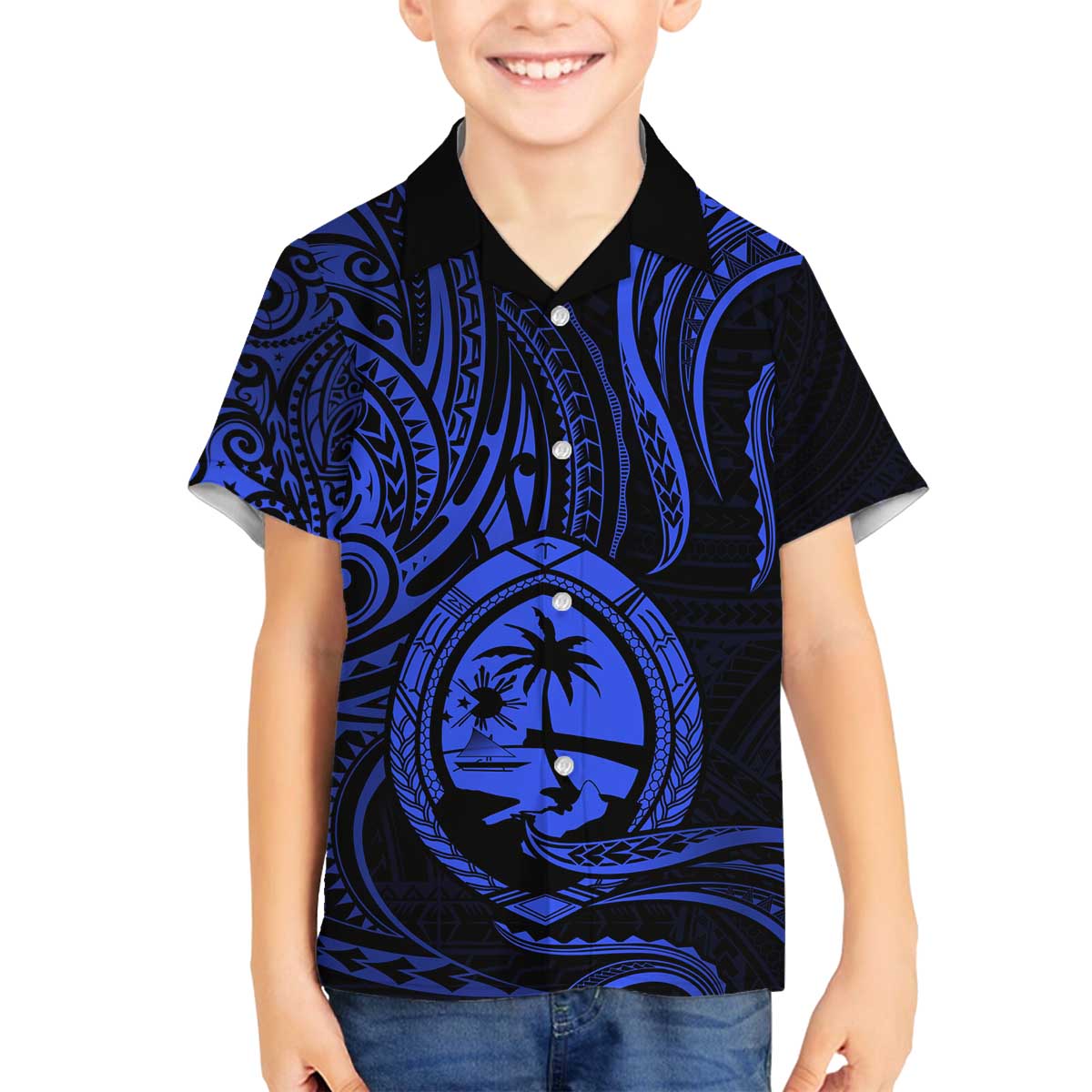 Polynesian Guam Coat of Arms Family Matching Off Shoulder Short Dress and Hawaiian Shirt Polynesian Tribal Tattoo Blue Version LT9 Son's Shirt Blue - Polynesian Pride
