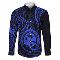 Polynesian Guam Coat of Arms Family Matching Puletasi and Hawaiian Shirt Polynesian Tribal Tattoo Blue Version LT9 Dad's Shirt - Long Sleeve Blue - Polynesian Pride