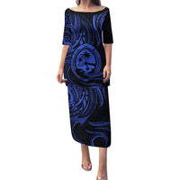 Polynesian Guam Coat of Arms Family Matching Puletasi and Hawaiian Shirt Polynesian Tribal Tattoo Blue Version LT9 Mom's Dress Blue - Polynesian Pride