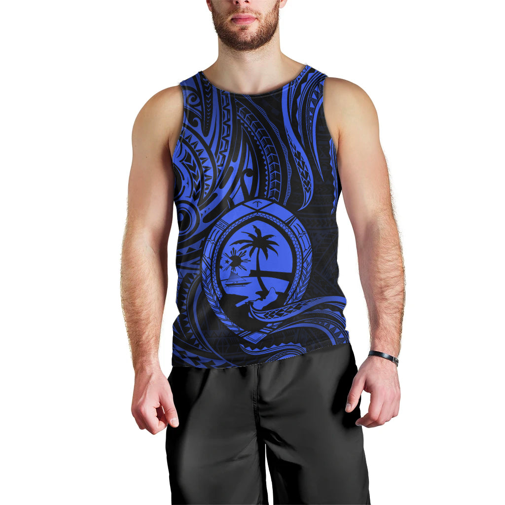 Polynesian Pride Guam Men Tank Top With Polynesian Tribal Tattoo and Coat of Arms Blue Version LT9 - Polynesian Pride