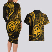 Polynesian Guam Coat of Arms Couples Matching Long Sleeve Bodycon Dress and Hawaiian Shirt Polynesian Tribal Tattoo Gold Version