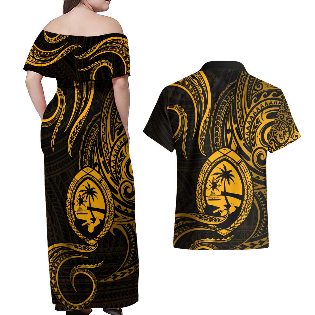 Polynesian Guam Coat of Arms Couples Matching Off Shoulder Maxi Dress and Hawaiian Shirt Polynesian Tribal Tattoo Gold Version LT9 - Polynesian Pride