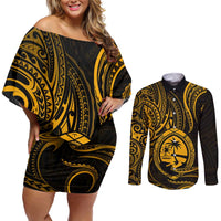 Polynesian Guam Coat of Arms Couples Matching Off Shoulder Short Dress and Long Sleeve Button Shirt Polynesian Tribal Tattoo Gold Version LT9 Gold - Polynesian Pride