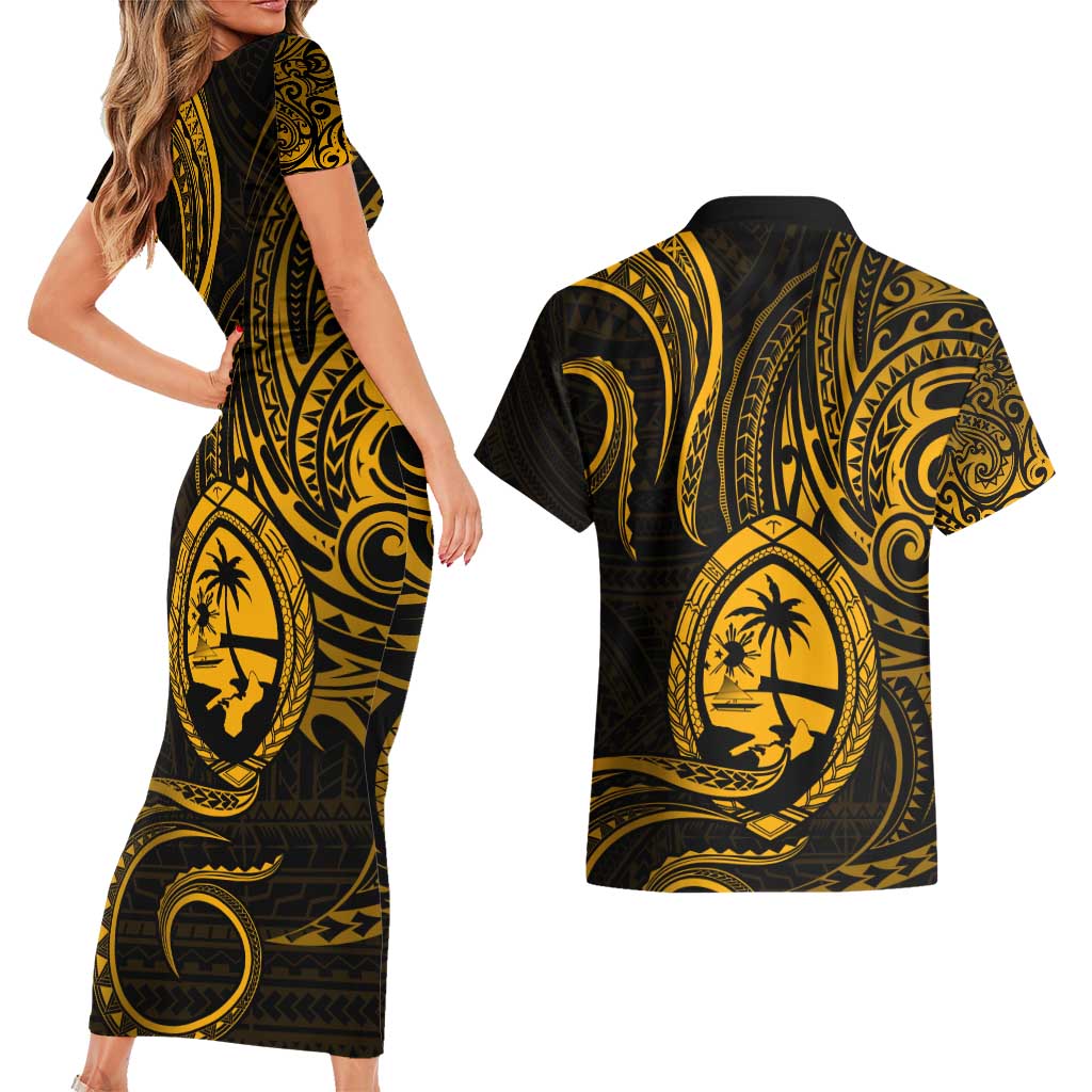 Polynesian Guam Coat of Arms Couples Matching Short Sleeve Bodycon Dress and Hawaiian Shirt Polynesian Tribal Tattoo Gold Version LT9 - Polynesian Pride