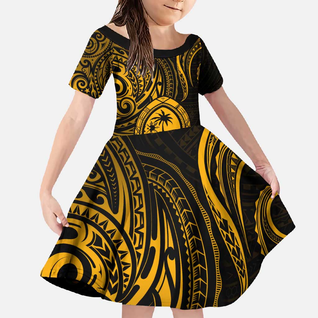 Polynesian Guam Coat of Arms Family Matching Long Sleeve Bodycon Dress and Hawaiian Shirt Polynesian Tribal Tattoo Gold Version LT9 Daughter's Dress Gold - Polynesian Pride