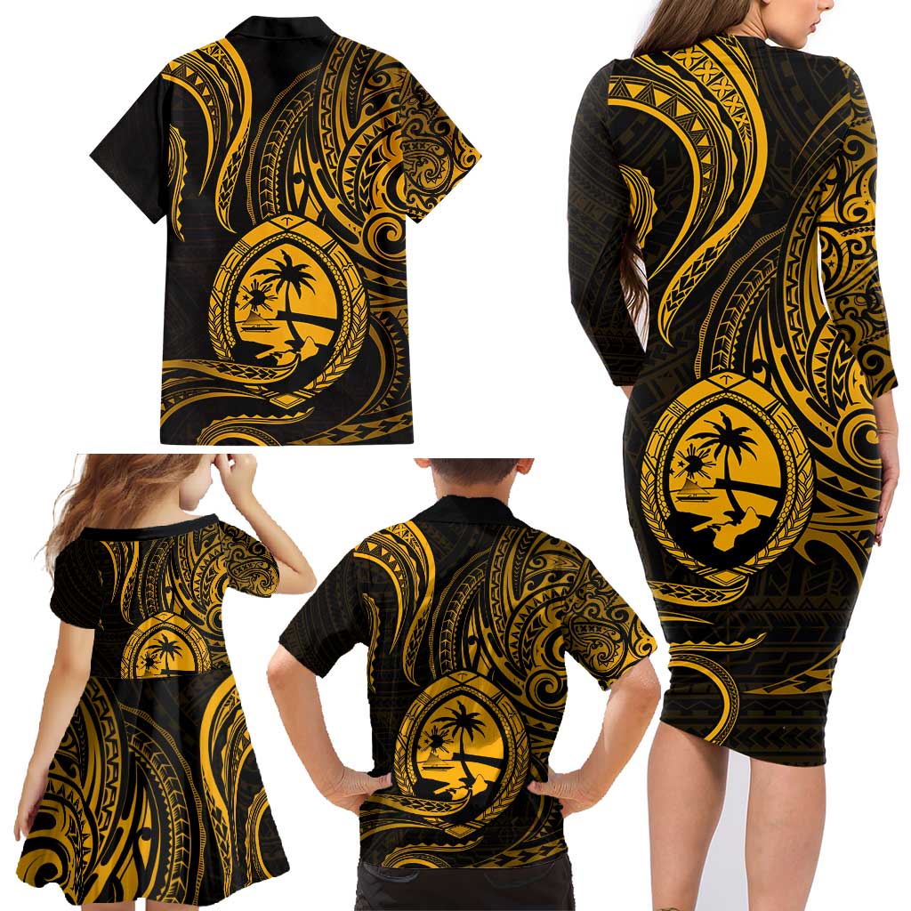 Polynesian Guam Coat of Arms Family Matching Long Sleeve Bodycon Dress and Hawaiian Shirt Polynesian Tribal Tattoo Gold Version LT9 - Polynesian Pride