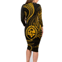 Polynesian Guam Coat of Arms Family Matching Long Sleeve Bodycon Dress and Hawaiian Shirt Polynesian Tribal Tattoo Gold Version LT9 - Polynesian Pride