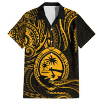 Polynesian Guam Coat of Arms Family Matching Off The Shoulder Long Sleeve Dress and Hawaiian Shirt Polynesian Tribal Tattoo Gold Version LT9 Dad's Shirt - Short Sleeve Gold - Polynesian Pride