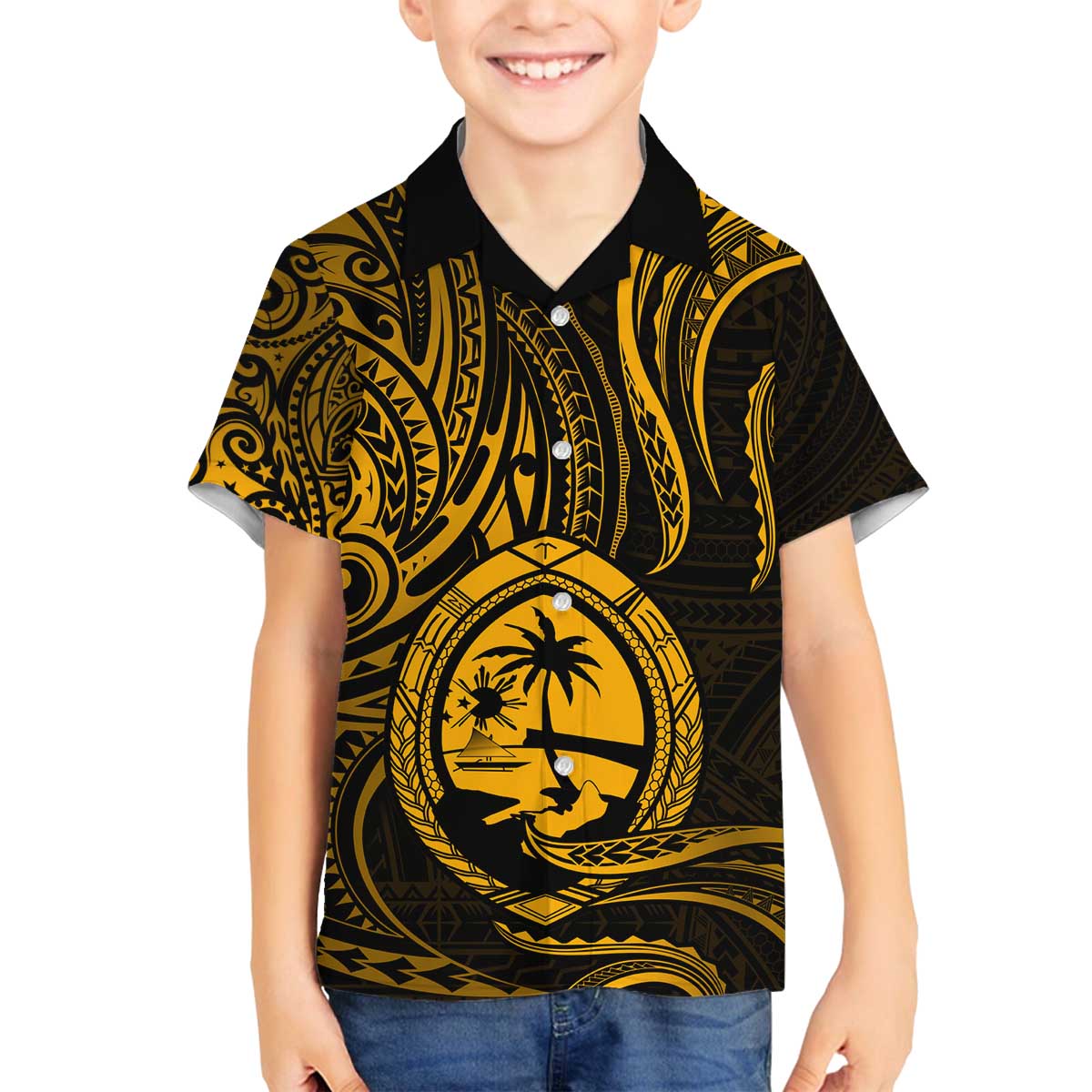 Polynesian Guam Coat of Arms Family Matching Off The Shoulder Long Sleeve Dress and Hawaiian Shirt Polynesian Tribal Tattoo Gold Version LT9 Son's Shirt Gold - Polynesian Pride