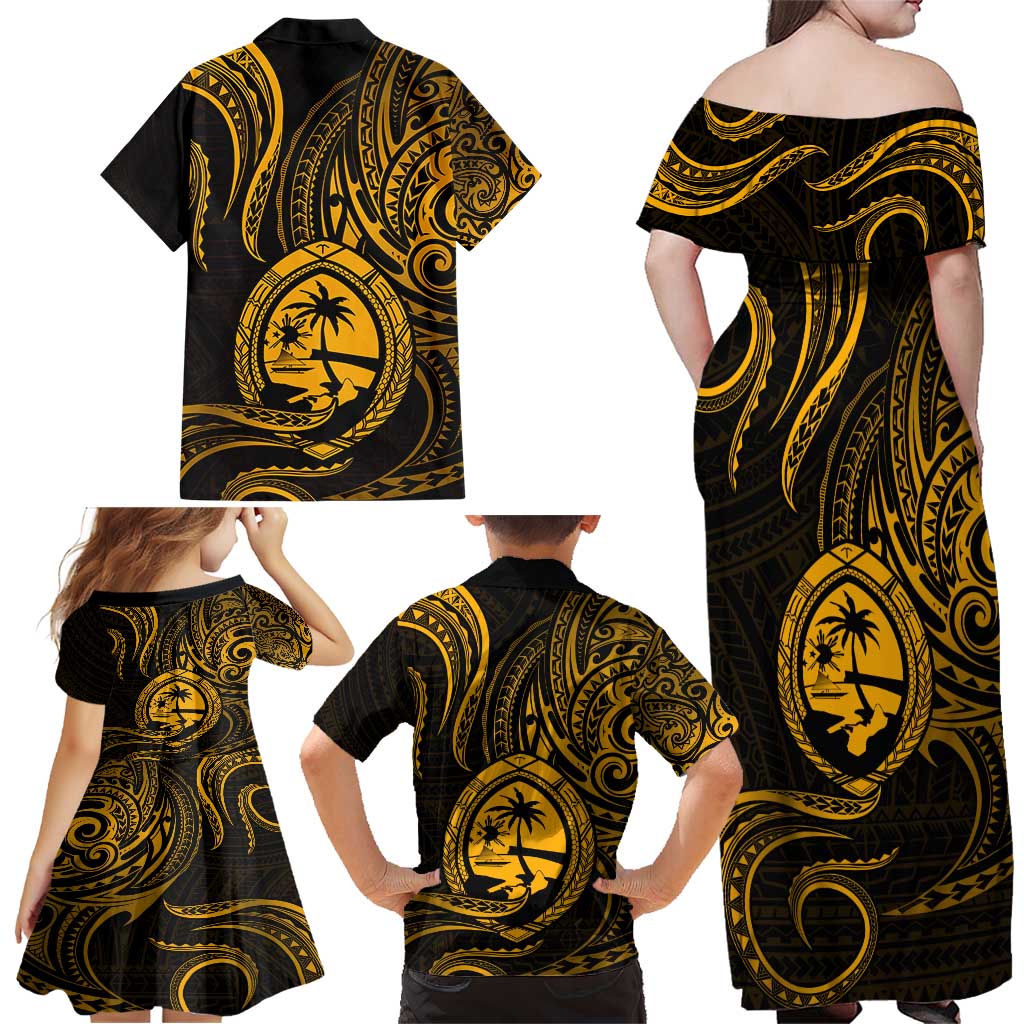 Polynesian Guam Coat of Arms Family Matching Off Shoulder Maxi Dress and Hawaiian Shirt Polynesian Tribal Tattoo Gold Version LT9 - Polynesian Pride