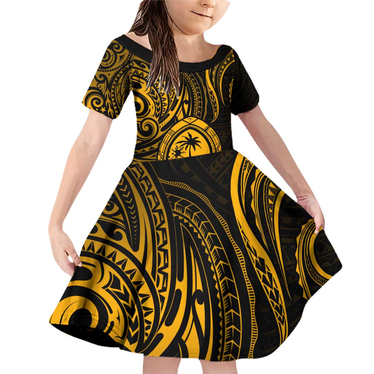 Polynesian Guam Coat of Arms Family Matching Off Shoulder Short Dress and Hawaiian Shirt Polynesian Tribal Tattoo Gold Version LT9 Daughter's Dress Gold - Polynesian Pride