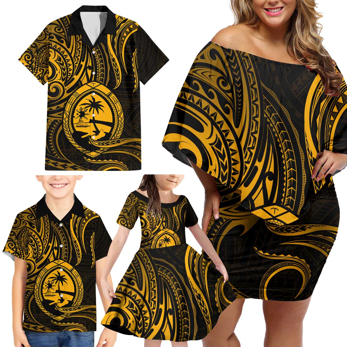 Polynesian Guam Coat of Arms Family Matching Off Shoulder Short Dress and Hawaiian Shirt Polynesian Tribal Tattoo Gold Version LT9 - Polynesian Pride
