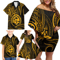 Polynesian Guam Coat of Arms Family Matching Off Shoulder Short Dress and Hawaiian Shirt Polynesian Tribal Tattoo Gold Version LT9 - Polynesian Pride