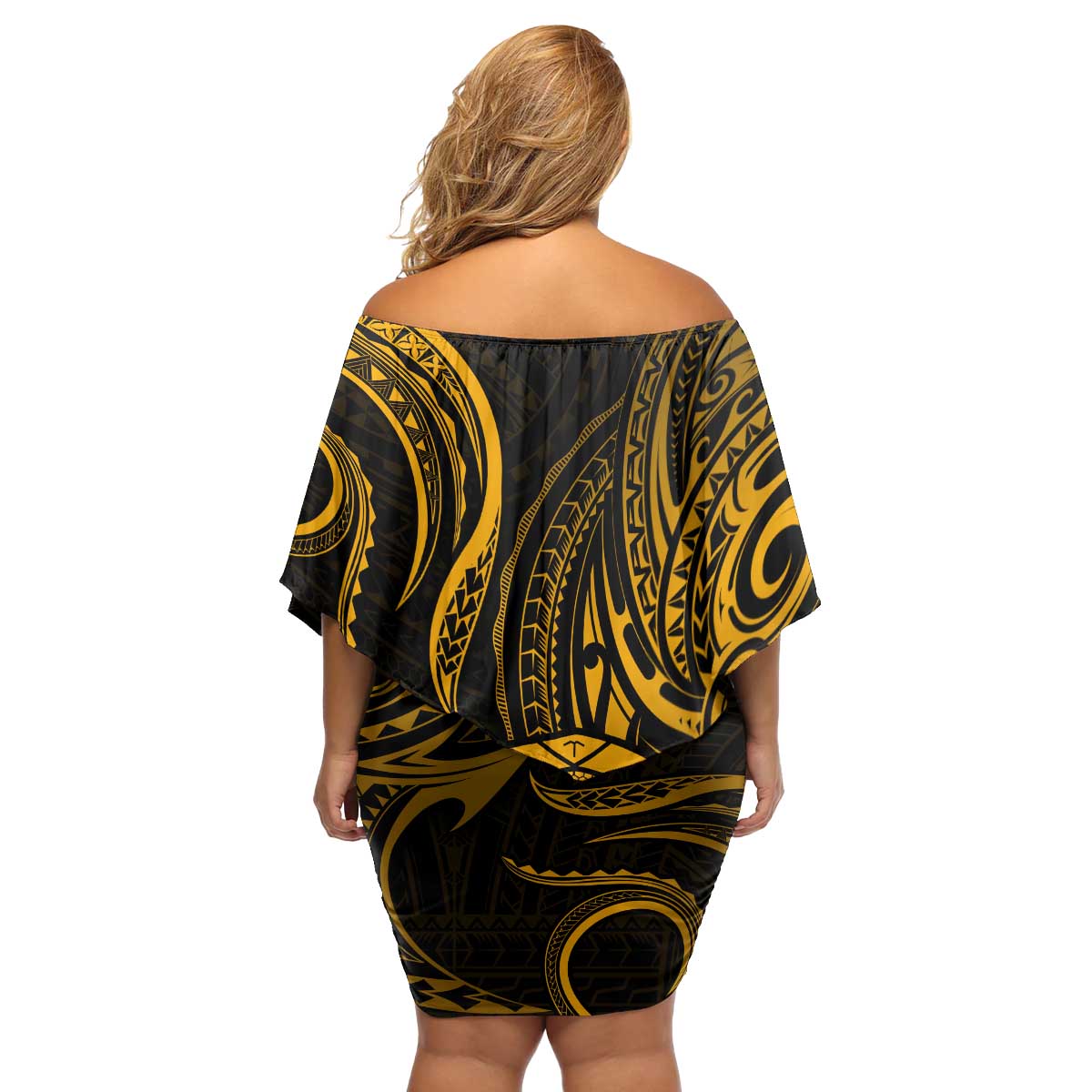 Polynesian Guam Coat of Arms Family Matching Off Shoulder Short Dress and Hawaiian Shirt Polynesian Tribal Tattoo Gold Version LT9 - Polynesian Pride