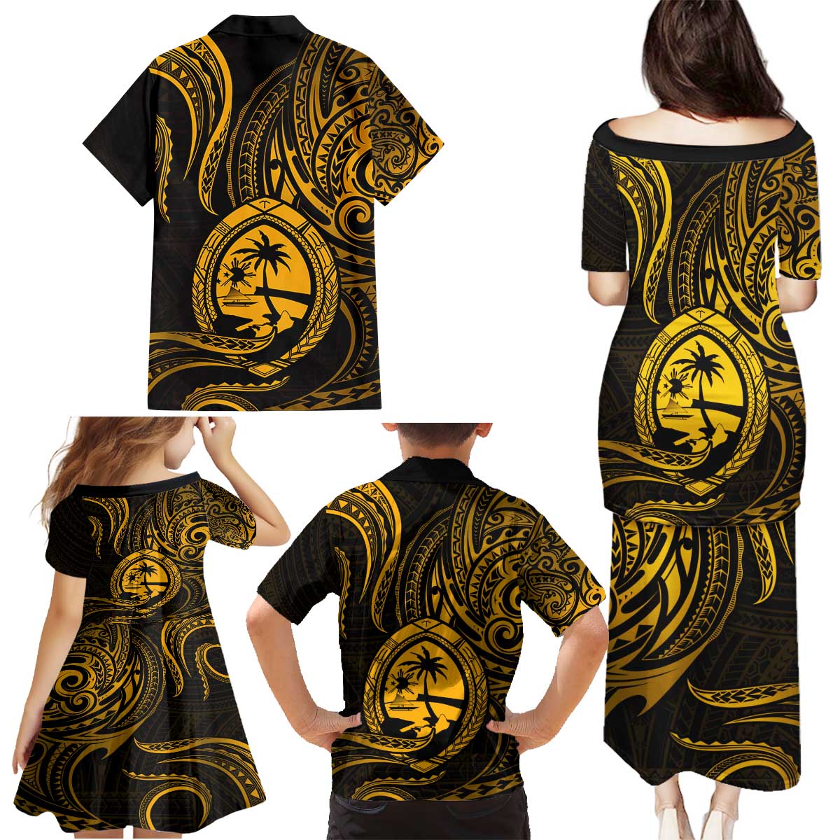 Polynesian Guam Coat of Arms Family Matching Puletasi and Hawaiian Shirt Polynesian Tribal Tattoo Gold Version LT9 - Polynesian Pride