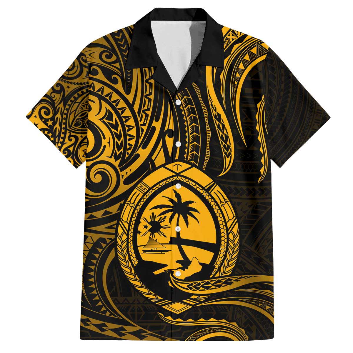 Polynesian Guam Coat of Arms Family Matching Puletasi and Hawaiian Shirt Polynesian Tribal Tattoo Gold Version LT9 Dad's Shirt - Short Sleeve Gold - Polynesian Pride