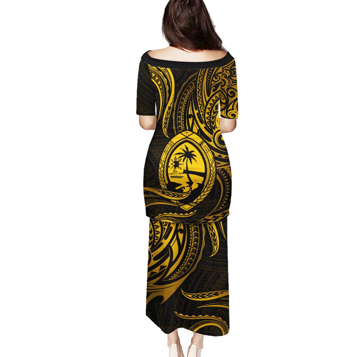 Polynesian Guam Coat of Arms Family Matching Puletasi and Hawaiian Shirt Polynesian Tribal Tattoo Gold Version LT9 - Polynesian Pride