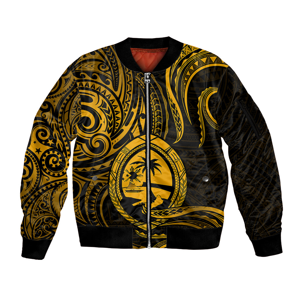 Polynesian Pride Guam Sleeve Zip Bomber Jacket With Polynesian Tribal Tattoo and Coat of Arms Gold Version LT9 Unisex Gold - Polynesian Pride