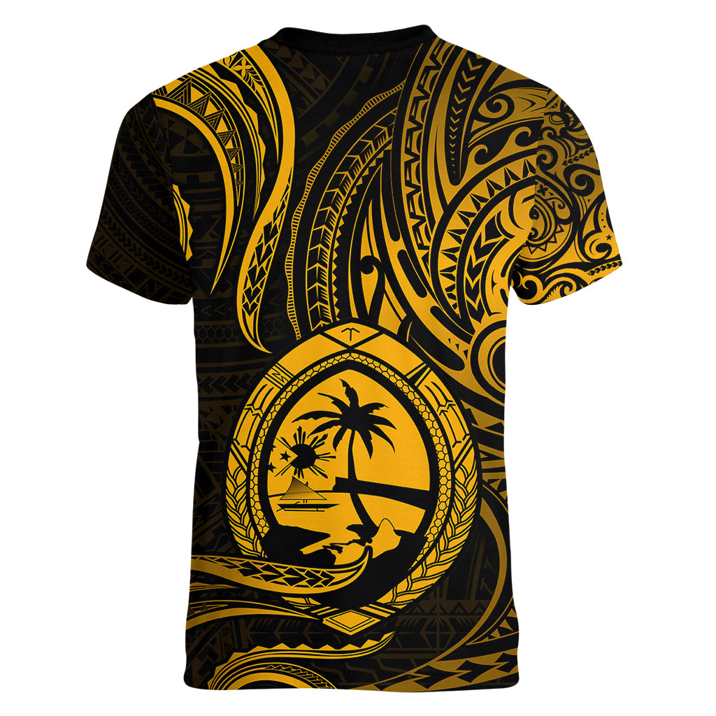 Polynesian Pride Guam Women V Neck T Shirt With Polynesian Tribal Tattoo and Coat of Arms Gold Version LT9 - Polynesian Pride