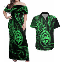 Polynesian Guam Coat of Arms Couples Matching Off Shoulder Maxi Dress and Hawaiian Shirt Polynesian Tribal Tattoo Green Version LT9 Green - Polynesian Pride