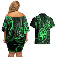 Polynesian Guam Coat of Arms Couples Matching Off Shoulder Short Dress and Hawaiian Shirt Polynesian Tribal Tattoo Green Version LT9 - Polynesian Pride