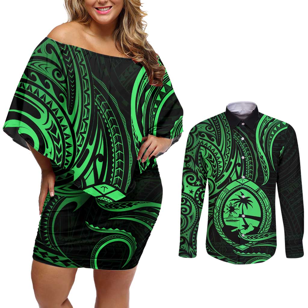 Polynesian Guam Coat of Arms Couples Matching Off Shoulder Short Dress and Long Sleeve Button Shirt Polynesian Tribal Tattoo Green Version LT9 Green - Polynesian Pride