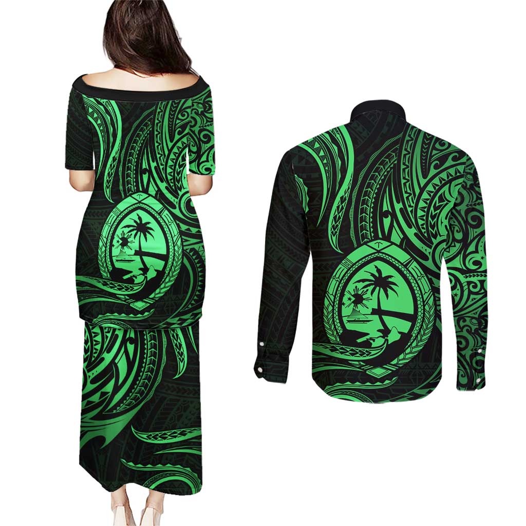 Polynesian Guam Coat of Arms Couples Matching Puletasi and Long Sleeve Button Shirt Polynesian Tribal Tattoo Green Version