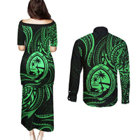 Polynesian Guam Coat of Arms Couples Matching Puletasi and Long Sleeve Button Shirt Polynesian Tribal Tattoo Green Version