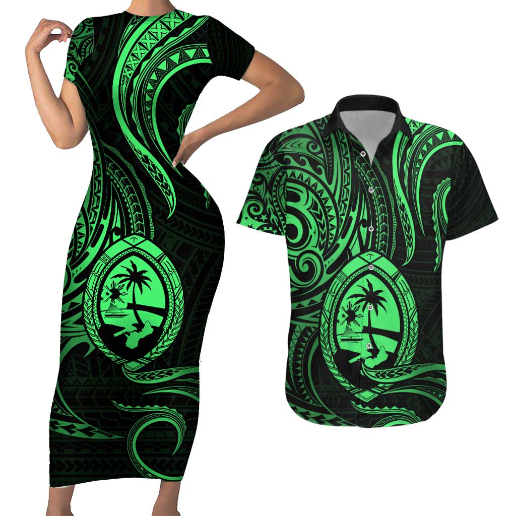 Polynesian Guam Coat of Arms Couples Matching Short Sleeve Bodycon Dress and Hawaiian Shirt Polynesian Tribal Tattoo Green Version LT9 Green - Polynesian Pride