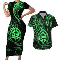 Polynesian Guam Coat of Arms Couples Matching Short Sleeve Bodycon Dress and Hawaiian Shirt Polynesian Tribal Tattoo Green Version LT9 Green - Polynesian Pride