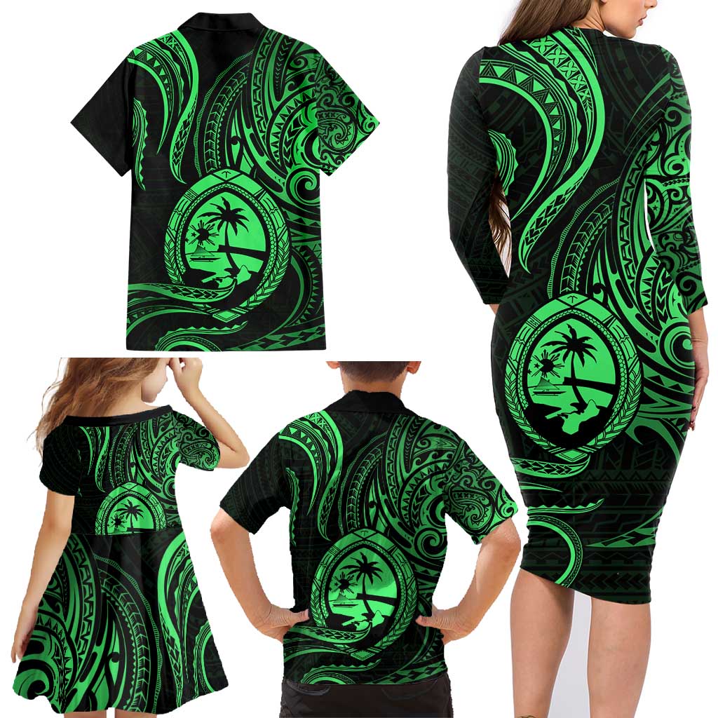 Polynesian Guam Coat of Arms Family Matching Long Sleeve Bodycon Dress and Hawaiian Shirt Polynesian Tribal Tattoo Green Version LT9 - Polynesian Pride
