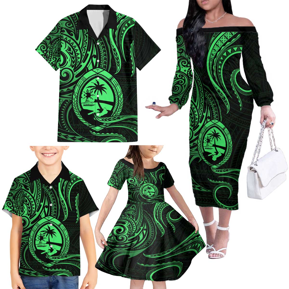 Polynesian Guam Coat of Arms Family Matching Off The Shoulder Long Sleeve Dress and Hawaiian Shirt Polynesian Tribal Tattoo Green Version LT9 - Polynesian Pride