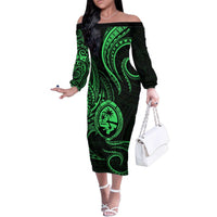 Polynesian Guam Coat of Arms Family Matching Off The Shoulder Long Sleeve Dress and Hawaiian Shirt Polynesian Tribal Tattoo Green Version LT9 Mom's Dress Green - Polynesian Pride