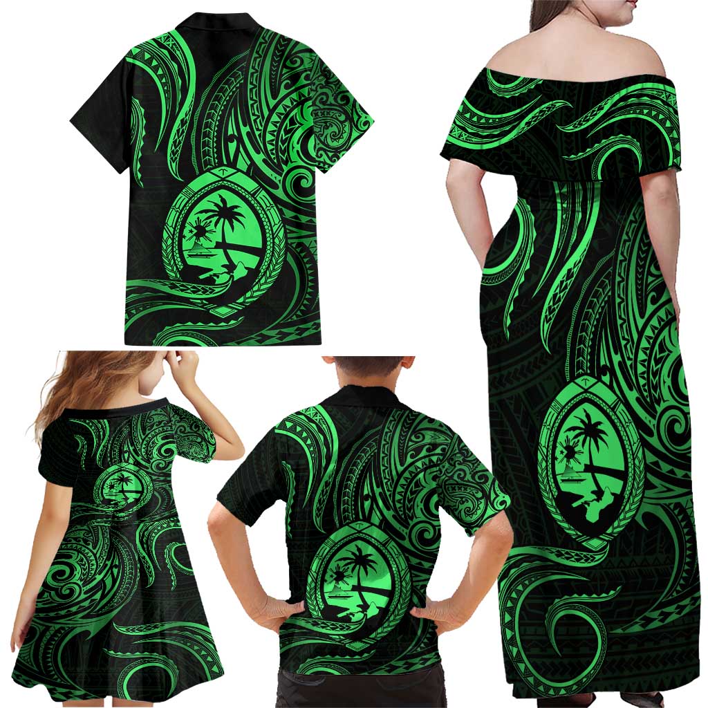 Polynesian Guam Coat of Arms Family Matching Off Shoulder Maxi Dress and Hawaiian Shirt Polynesian Tribal Tattoo Green Version LT9 - Polynesian Pride