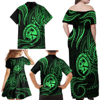 Polynesian Guam Coat of Arms Family Matching Off Shoulder Maxi Dress and Hawaiian Shirt Polynesian Tribal Tattoo Green Version LT9 - Polynesian Pride