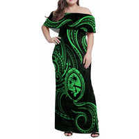 Polynesian Guam Coat of Arms Family Matching Off Shoulder Maxi Dress and Hawaiian Shirt Polynesian Tribal Tattoo Green Version LT9 Mom's Dress Green - Polynesian Pride