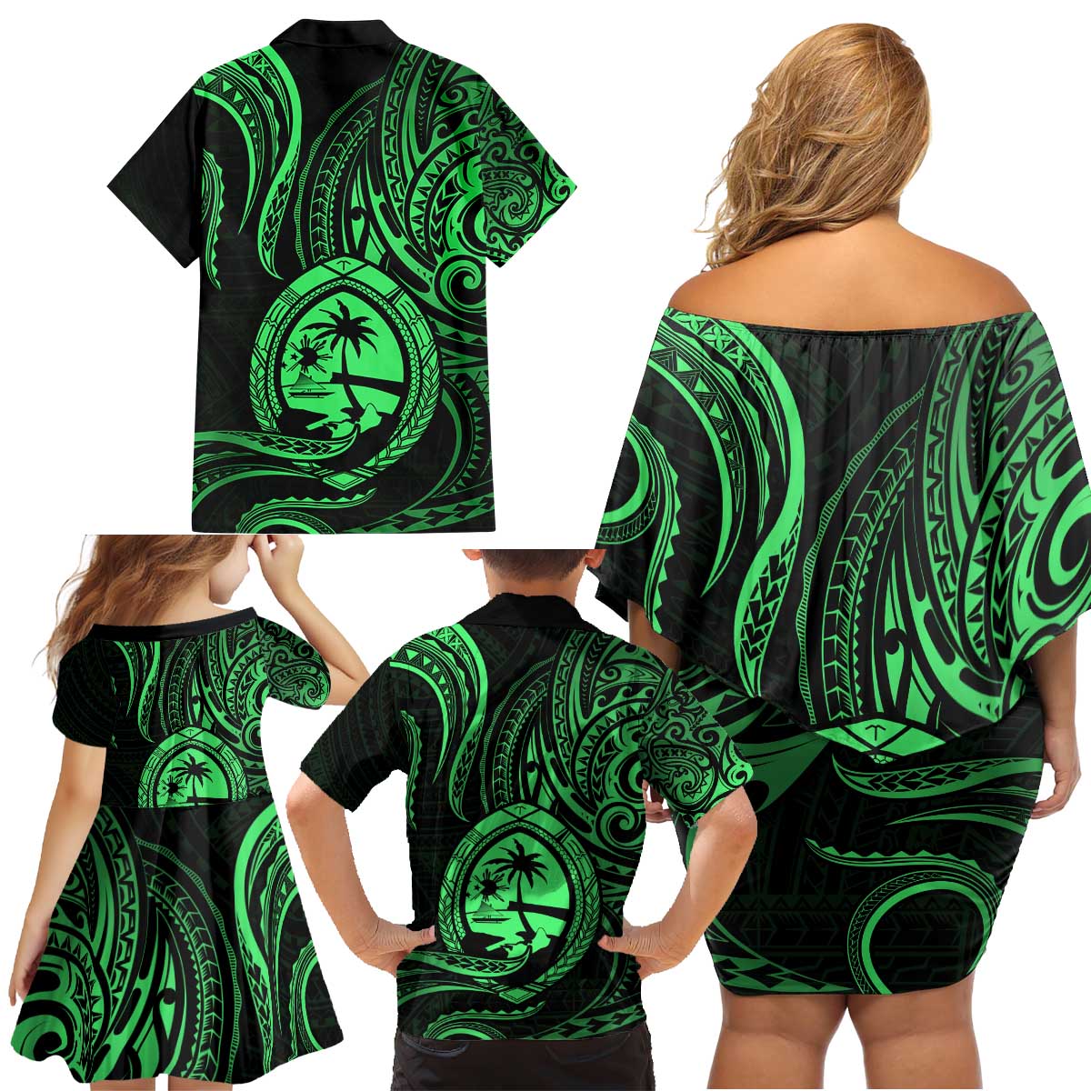 Polynesian Guam Coat of Arms Family Matching Off Shoulder Short Dress and Hawaiian Shirt Polynesian Tribal Tattoo Green Version LT9 - Polynesian Pride