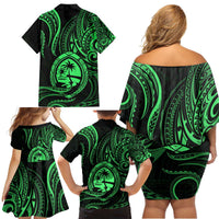 Polynesian Guam Coat of Arms Family Matching Off Shoulder Short Dress and Hawaiian Shirt Polynesian Tribal Tattoo Green Version LT9 - Polynesian Pride