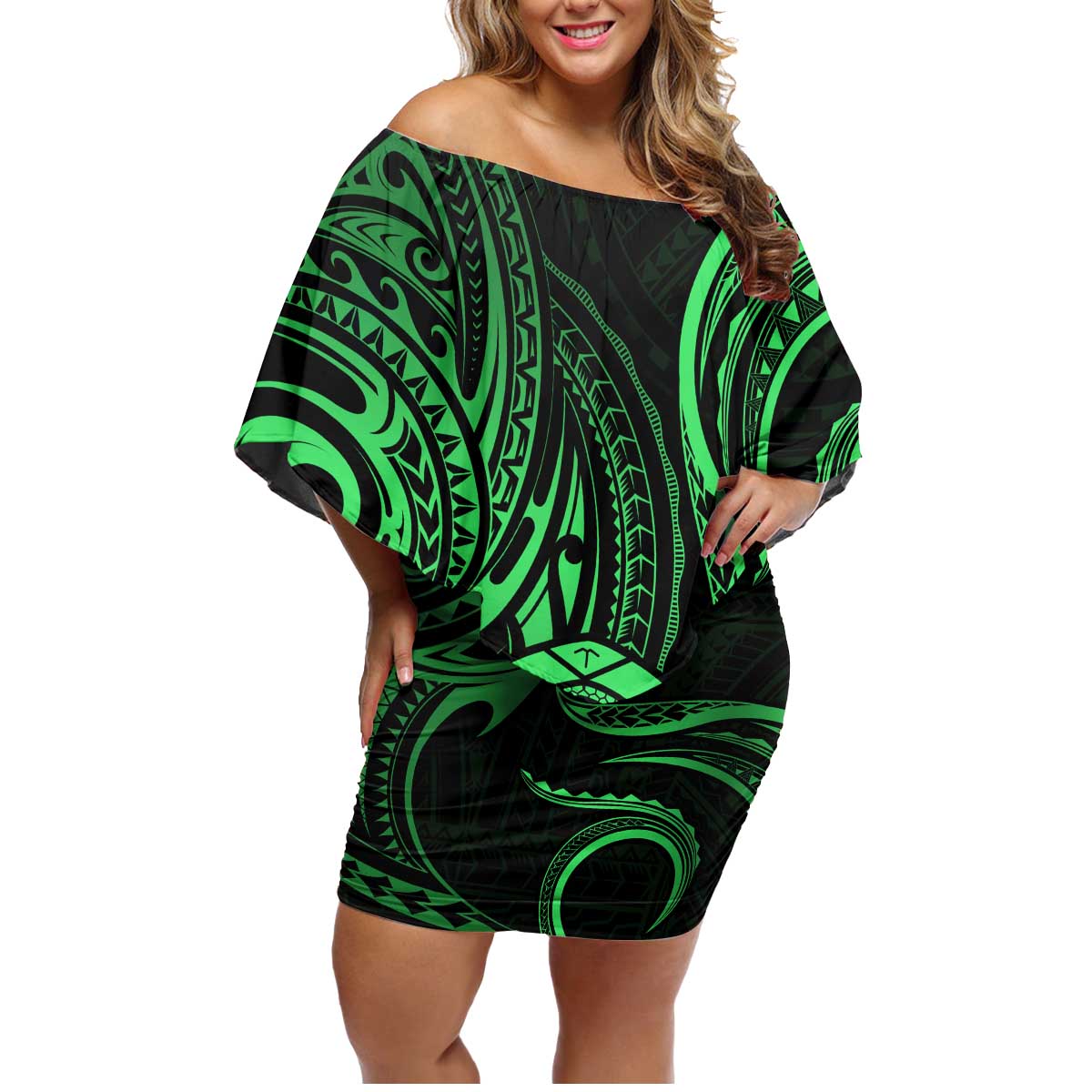 Polynesian Guam Coat of Arms Family Matching Off Shoulder Short Dress and Hawaiian Shirt Polynesian Tribal Tattoo Green Version LT9 Mom's Dress Green - Polynesian Pride