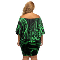 Polynesian Guam Coat of Arms Family Matching Off Shoulder Short Dress and Hawaiian Shirt Polynesian Tribal Tattoo Green Version LT9 - Polynesian Pride