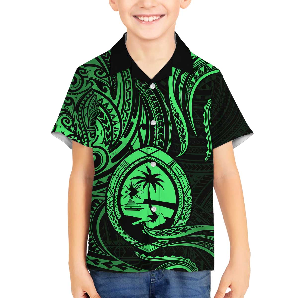 Polynesian Guam Coat of Arms Family Matching Off Shoulder Short Dress and Hawaiian Shirt Polynesian Tribal Tattoo Green Version LT9 Son's Shirt Green - Polynesian Pride