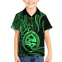 Polynesian Guam Coat of Arms Family Matching Off Shoulder Short Dress and Hawaiian Shirt Polynesian Tribal Tattoo Green Version LT9 Son's Shirt Green - Polynesian Pride