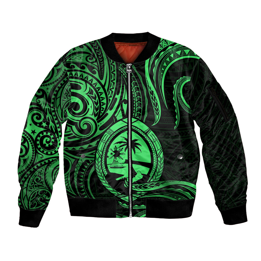 Polynesian Pride Guam Sleeve Zip Bomber Jacket With Polynesian Tribal Tattoo and Coat of Arms Green Version LT9 Unisex Green - Polynesian Pride