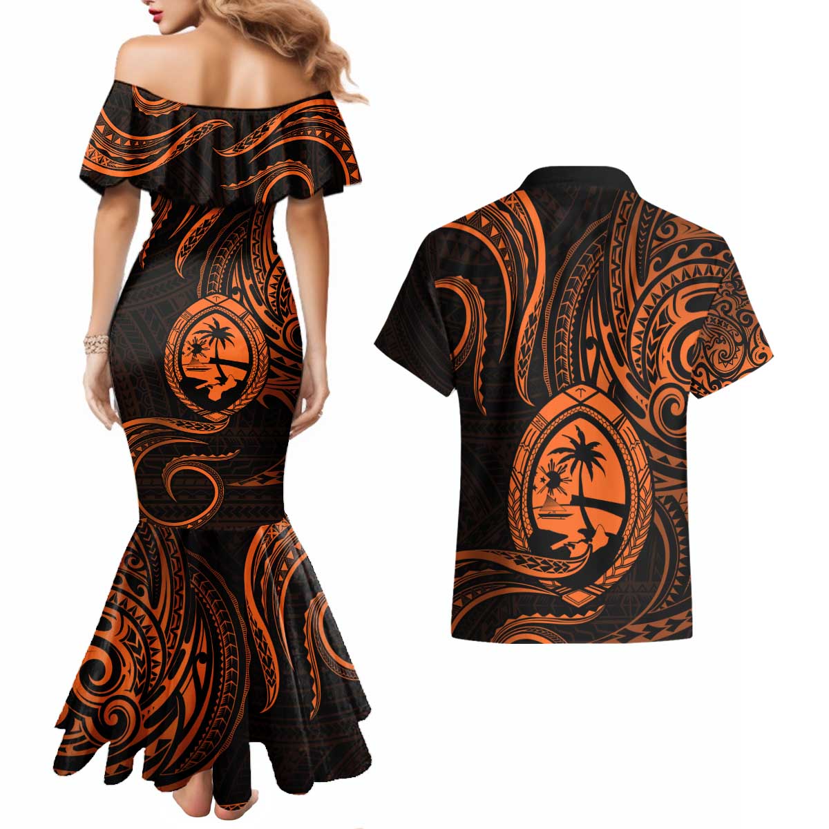 Polynesian Guam Coat of Arms Couples Matching Mermaid Dress and Hawaiian Shirt Polynesian Tribal Tattoo Orange Version LT9 - Polynesian Pride