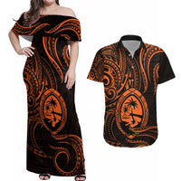 Polynesian Guam Coat of Arms Couples Matching Off Shoulder Maxi Dress and Hawaiian Shirt Polynesian Tribal Tattoo Orange Version LT9 Orange - Polynesian Pride