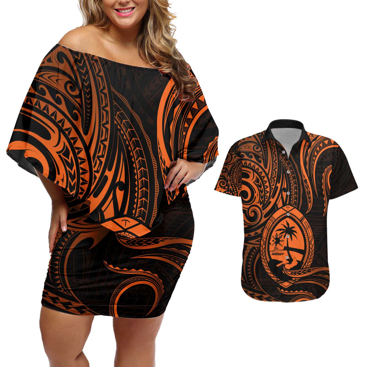 Polynesian Guam Coat of Arms Couples Matching Off Shoulder Short Dress and Hawaiian Shirt Polynesian Tribal Tattoo Orange Version LT9 Orange - Polynesian Pride