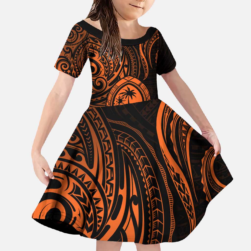 Polynesian Guam Coat of Arms Family Matching Long Sleeve Bodycon Dress and Hawaiian Shirt Polynesian Tribal Tattoo Orange Version LT9 Daughter's Dress Orange - Polynesian Pride