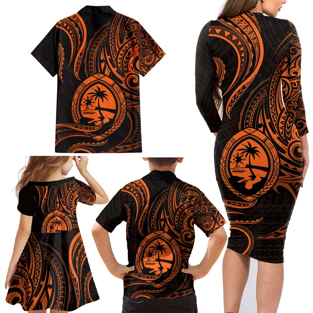 Polynesian Guam Coat of Arms Family Matching Long Sleeve Bodycon Dress and Hawaiian Shirt Polynesian Tribal Tattoo Orange Version LT9 - Polynesian Pride