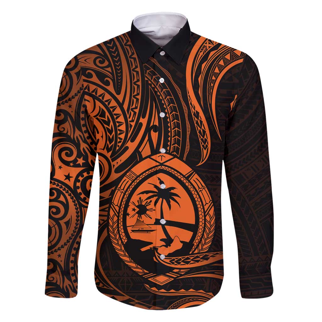 Polynesian Guam Coat of Arms Family Matching Long Sleeve Bodycon Dress and Hawaiian Shirt Polynesian Tribal Tattoo Orange Version LT9 Dad's Shirt - Long Sleeve Orange - Polynesian Pride