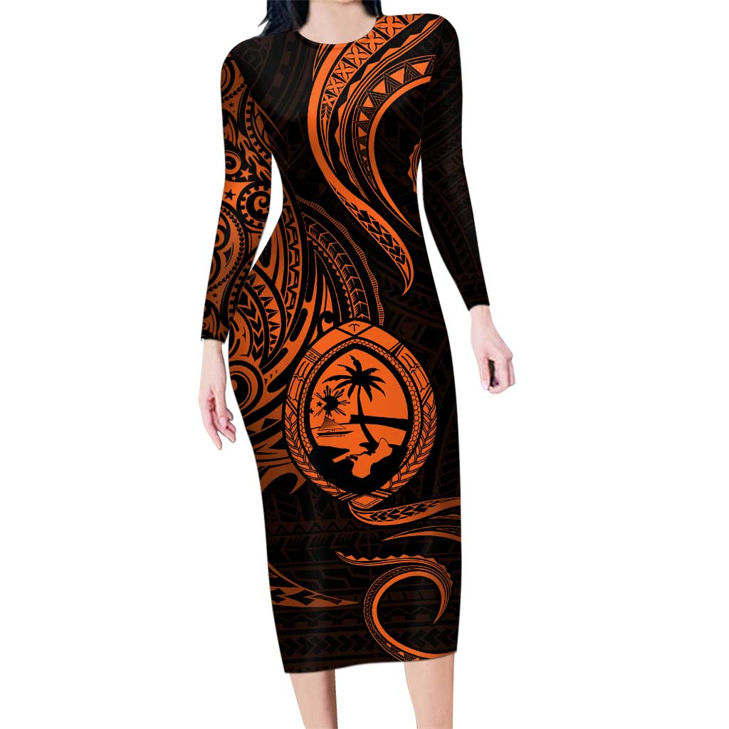 Polynesian Guam Coat of Arms Family Matching Long Sleeve Bodycon Dress and Hawaiian Shirt Polynesian Tribal Tattoo Orange Version LT9 Mom's Dress Orange - Polynesian Pride